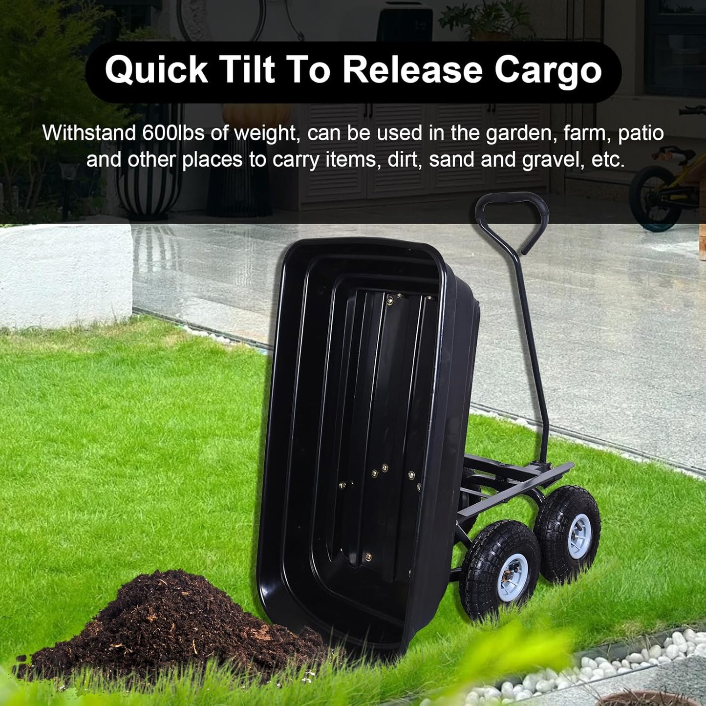 AAIN Heavy Duty Garden Cart with 10" Pneumatic Plastic Tires, 600LB Capacity, 180° Rotating Handle & Quick Release System, Black 4 Cu.Ft Poly Dump Wagon for Yard, Outdoor, Beach, Home