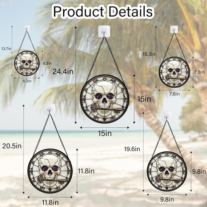 Stained Glass Window Hanging - Halloween Scary Skull Suncatcher for Doors Garden Home Spooky Purple Skeleton Key Sun Catchers Gothic Decor Horror Gifts for Women Men Friend Boy Girl 11.8 in