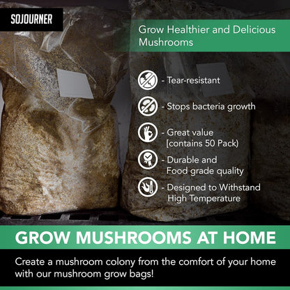 Mushroom Grow Bags (50 Pack) - 6 Mil Thick Autoclave Spawn Bags with 0.2 Micron Filter for Your Grain - Mycology Supplies - Large Size 8" x 5" x 20"