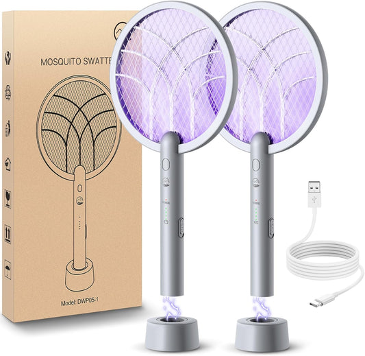 Electric Fly Swatter Racket, Mosiller 2 in 1 Smart Bug Zapper & Power Take Off Generators with USB Rechargeable Base, Powerful Mosquitoes Trap Lamp & Fly Killer for Home, Bedroom(Light Grey（2 Pack）)