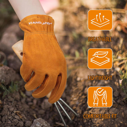 HANDLANDY Kids Genuine Leather Work Gloves for ages 3-11, Children Gardening Gloves for Boys, Girls (Large (for age 8-11), Orange)