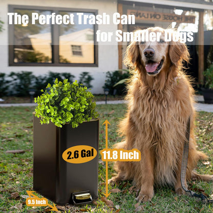 Yatmung Small Metal Trash Can with Lid - Dog Poop Trash Can Outside with Pedal - 10 Liters Pet Waste Container Outdoor - Plant-Styled Poop Bucket - 2.6 Gal Stainless Steel Garbage Bin - Black and Gold