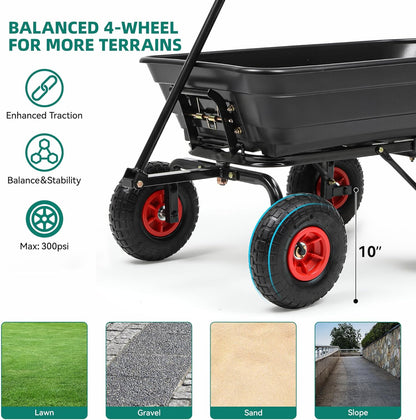 Garden Carts-600lbs Wagon Wheelbarrows with 4 Anti-Slip Tires & Quick-Release Dumping,Heavy Duty Utility Garden Dump Cart for Yard,Landscape and Christmas Hauling