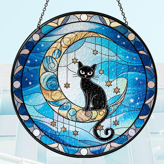 7.8" Black Cat Sit on Moon Stained Glass Suncatcher, Black Cat Suncatcher Window Hanging, Sun