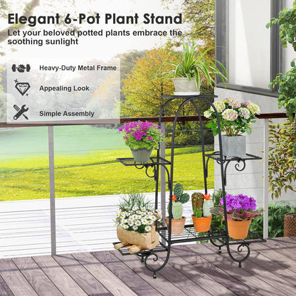S AFSTAR 6-Tier Metal Plant Stand, Heavy-Duty Plant Display Stand Rack w/ Adjustable Footpads, Slatted Support Panel, Elevated Base, Decorative Flower Potted Holder Rack for Balcony, Living Room, Easy Assembly