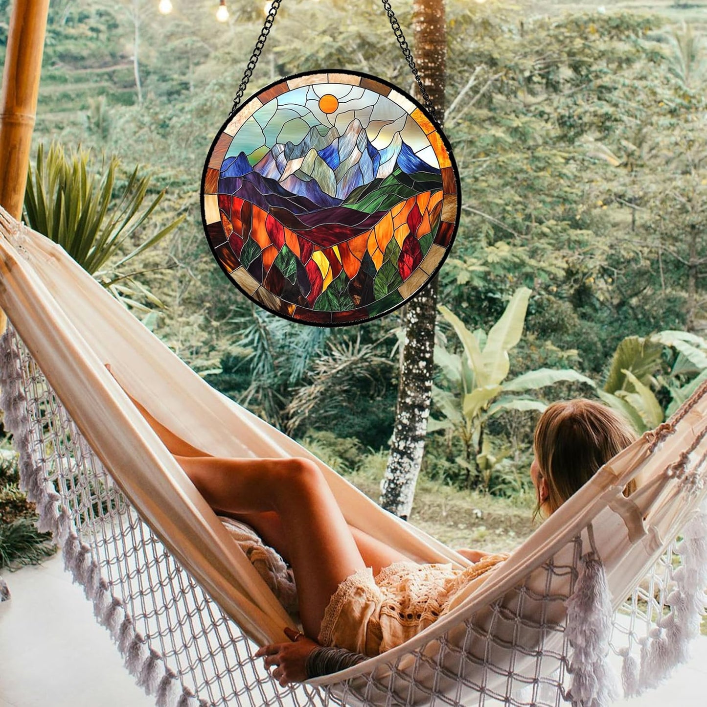 Stained Glass Window Hanging Orange Sun Colorful Mountains Landscape Large 11.8" - Suncatcher Door Garden Sun Catcher Home Decor Birthday Christmas for Mom Men Woman Friend