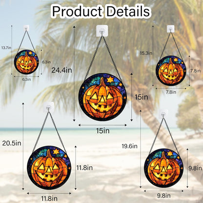 Stained Glass Window Hanging Halloween Horror Golden Pumpkin 7.8" - Suncatcher Door Garden Sunroom Gothic Style Sun Catcher Birthday for Friend Mom Men Woman Nana