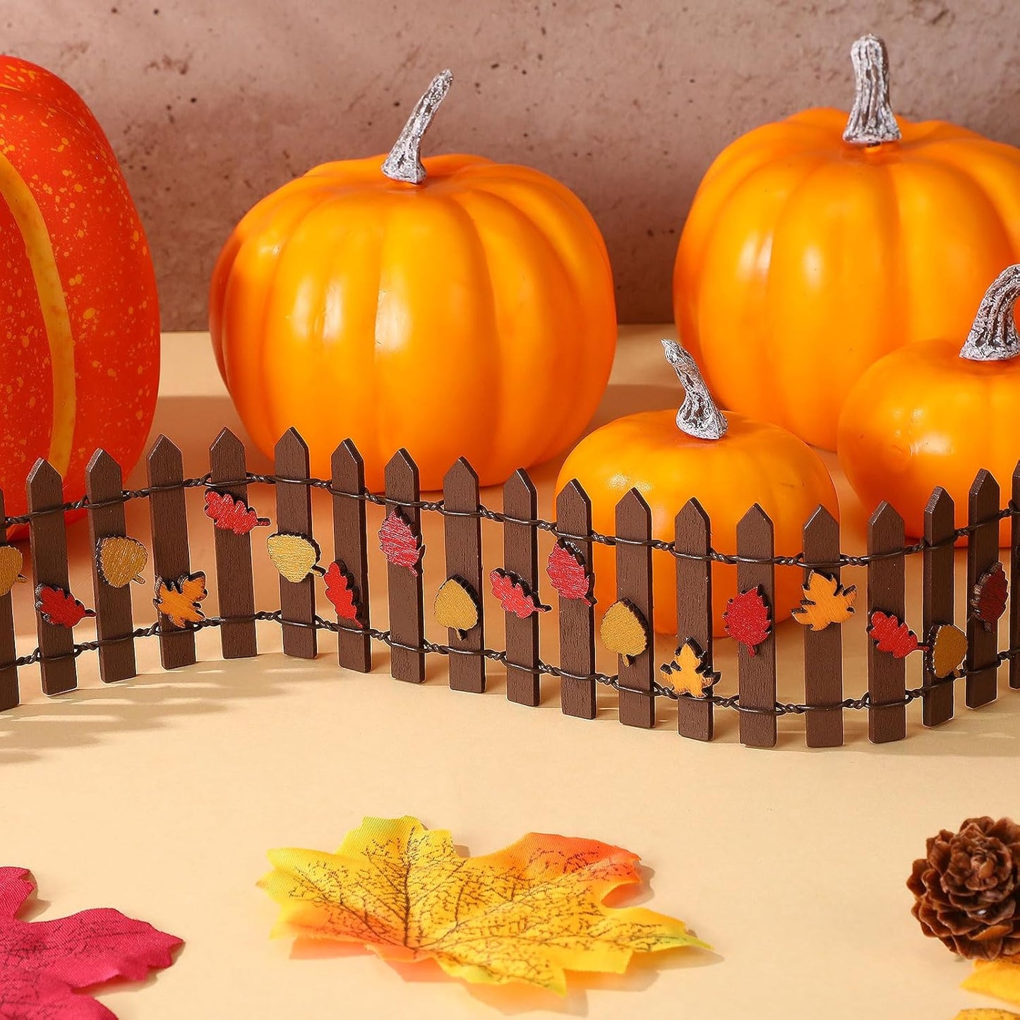 Thyle Thanksgiving DIY Mini Fairy Garden Fence Fall Wood Picket Crafts with 35 Inches Wood Picket Fence 100 Wooden Leaves and Glue for Autumn Centerpieces Thanksgiving Activity(Brown)