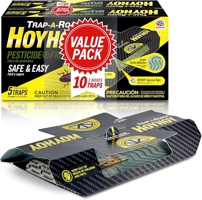 HOY HOY Trap A Roach - 10 Traps [2 Pack] Baited Glue Traps, Great for Home with Kids & Pets Indoor, Sticky Pest Control Trap, Roach Killer, Made in Japan