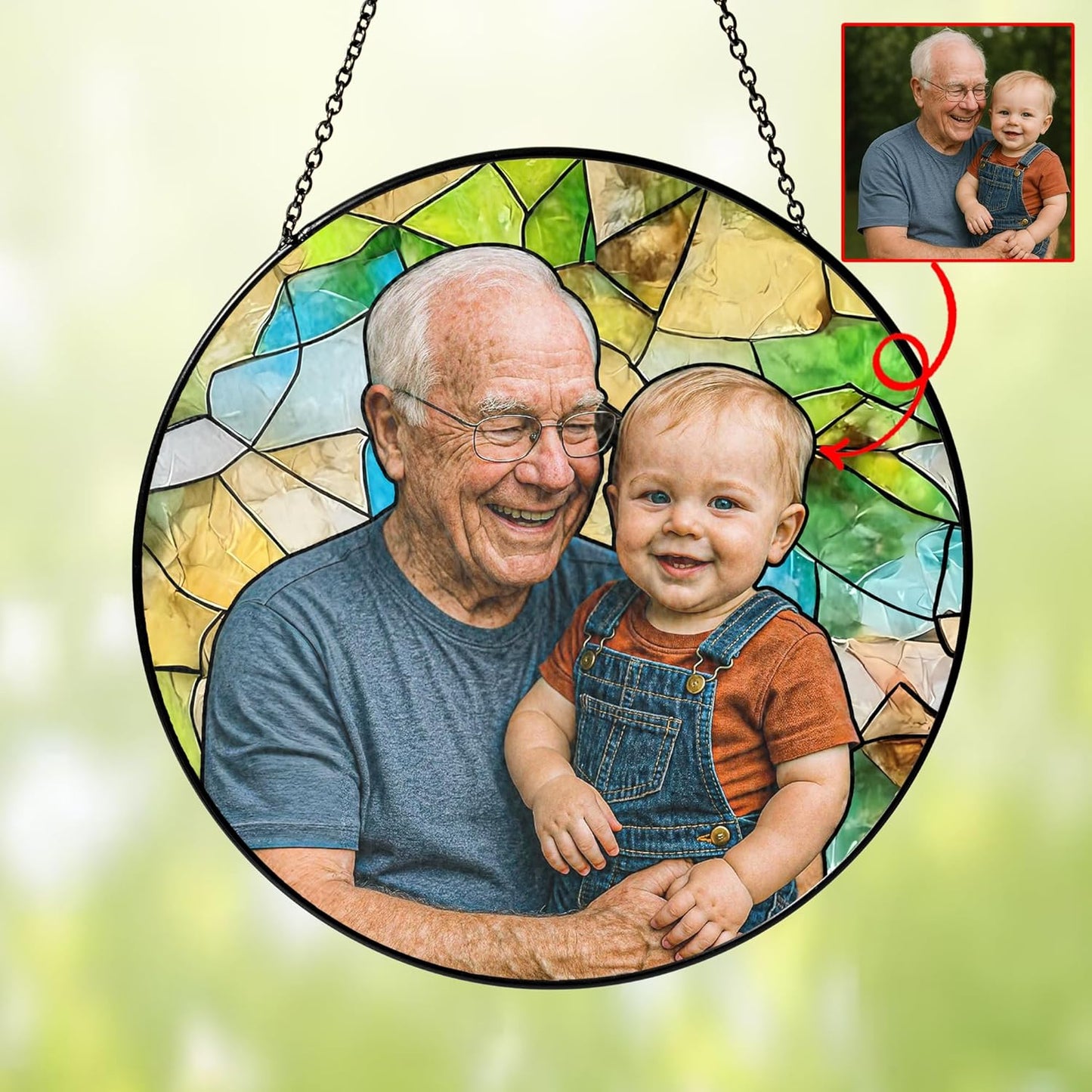 NAZENTI Personalized Dad Stained Glass Suncatcher, Custom Photo Family Portrait Window Hanging Ornament, Fathers Day Grandpa Dad Gifts from Son Daughter, Gifts for Papa Husband, Grandpa Suncatcher