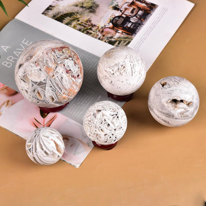 JIC Gem Mexican White Agate Crystal Ball with Wooden Stand White Healing Crystal Sphere Ball for Feng Shui Decor Spiritual Gifts 60-70mm