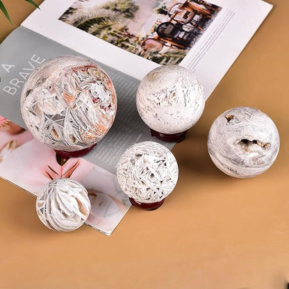 JIC Gem Natural Mexican White Agate Crystal Sphere with Wooden Stand Decorative Crystal Ball White Gemstone Sphere for Meditation,Feng Shui,Witch-Style Decor,Table 70-80mm