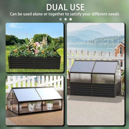 68.7" Raised Garden Bed with Greenhouse Cover, Galvanized Steel Planter Box with Open Bottom Drainage, Dual Use Outdoor Metal Planter for Vegetables Flowers and Herbs