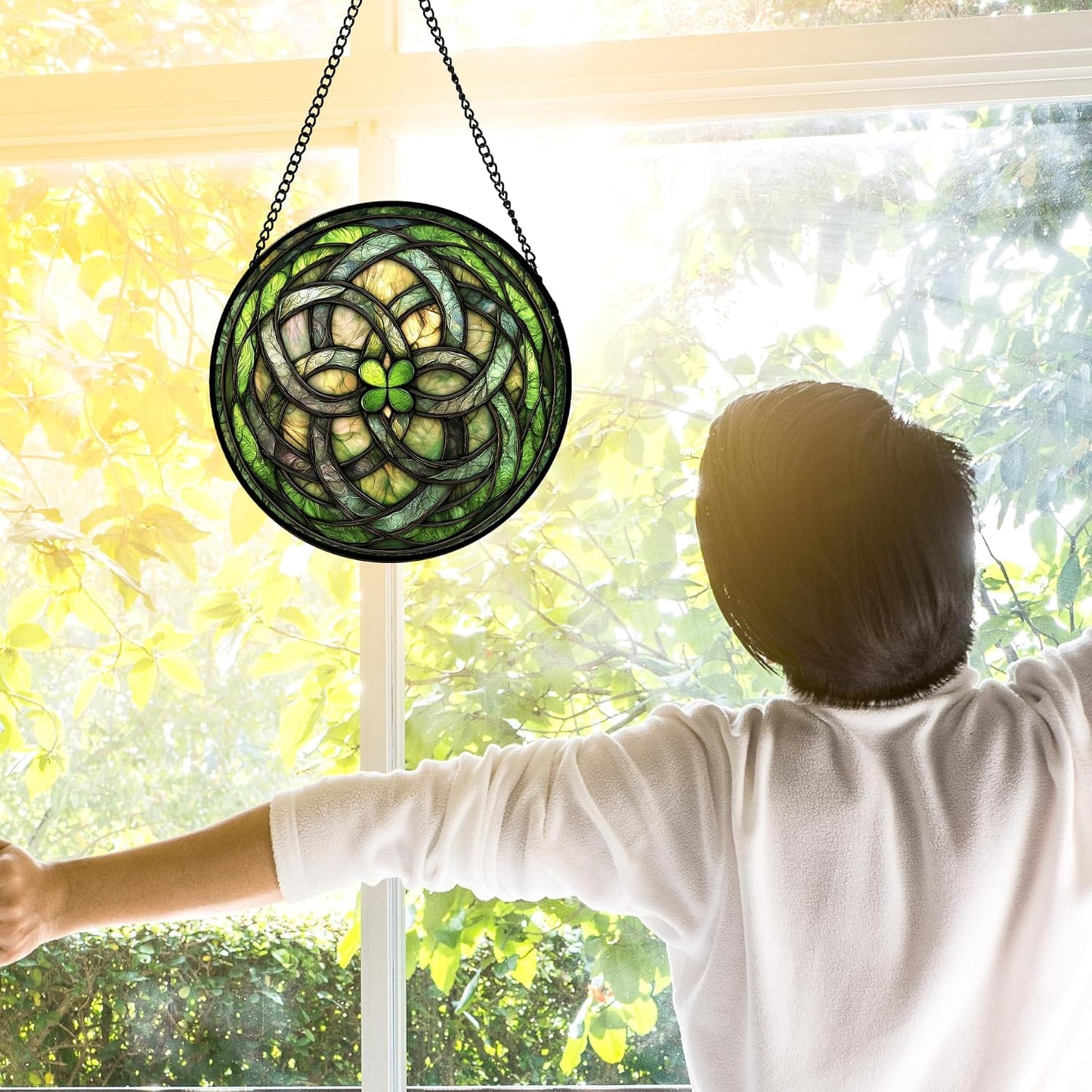 Stained Glass Window Hanging, Abstract Green Clover Sun Catchers Colorful Glass Panel Bless Suncatcher Decor for Birthday for Women, Men, Wife, Aunt, and Mom 6.3 in