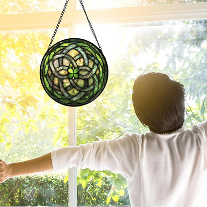 Stained Glass Window Hanging, Abstract Green Clover Sun Catchers Colorful Glass Panel Bless Suncatcher Decor for Birthday for Women, Men, Wife, Aunt, and Mom 6.3 in