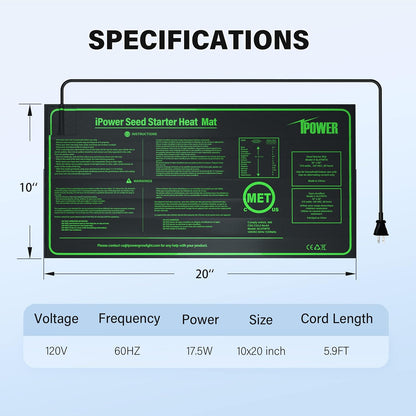 iPower 10" x 20" Waterproof Durable Seedling Heat Mat Warm Hydroponic Plant for Indoor Gardening Germination Starting, 2 Pack
