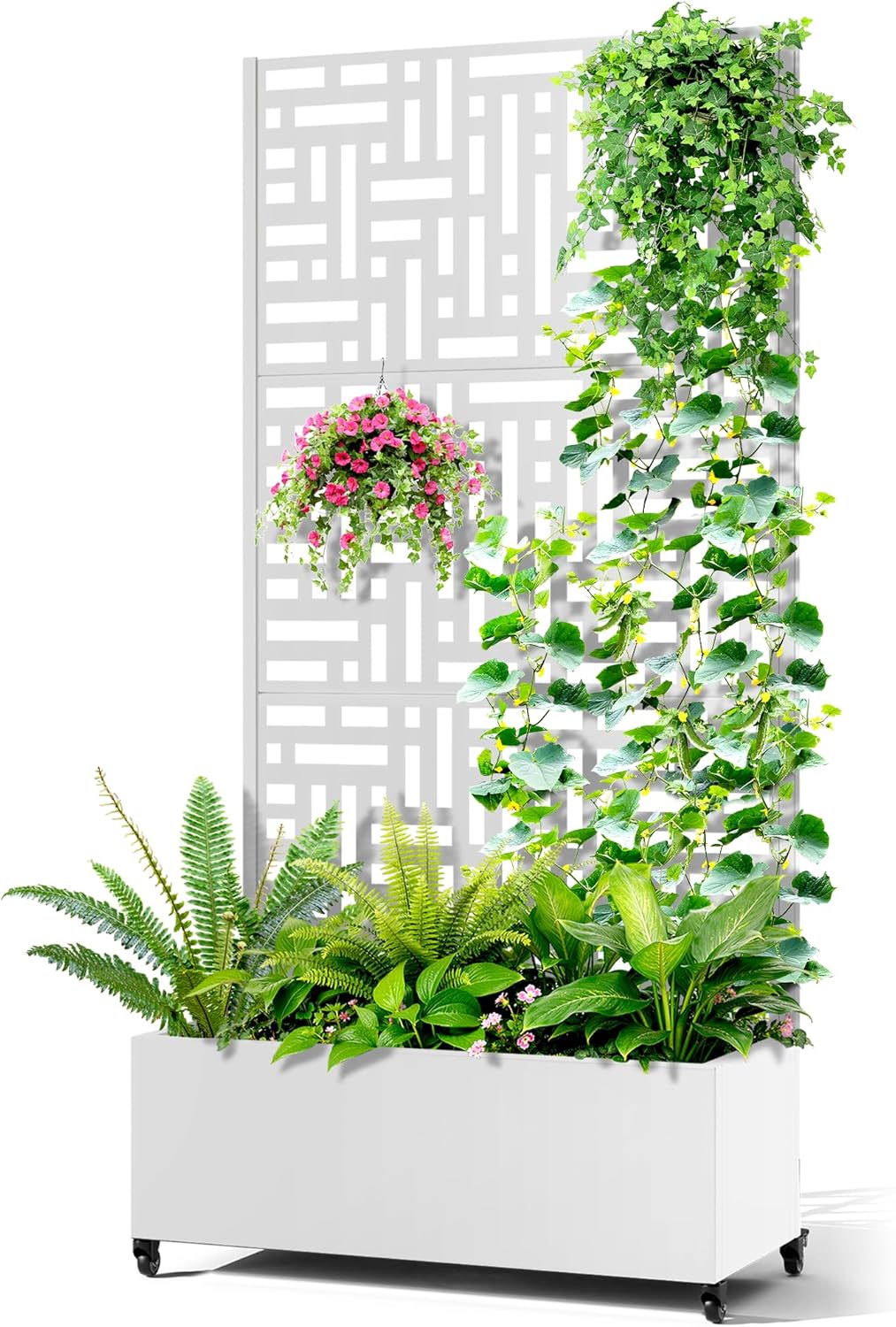 Metal Raised Garden Bed with Trellis, 2-in-1 Planter Box & Privacy Screen for Climbing Plants, Outdoor Standing Flower Bed with Drainage Holes, 35.4" L x 15.7" W x 70.1" H, White-Helen