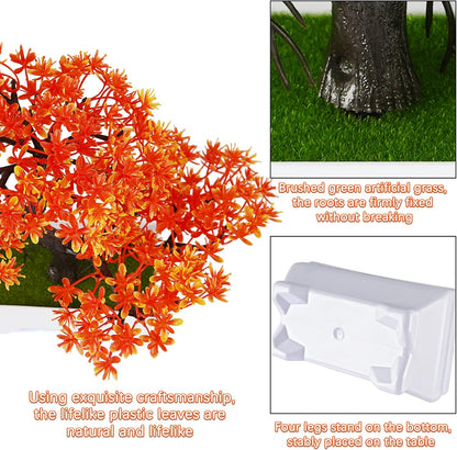 Mini Artificial Bonsai Tree Plants with Plastic Cement Pots for Home Office Décor (Orange)