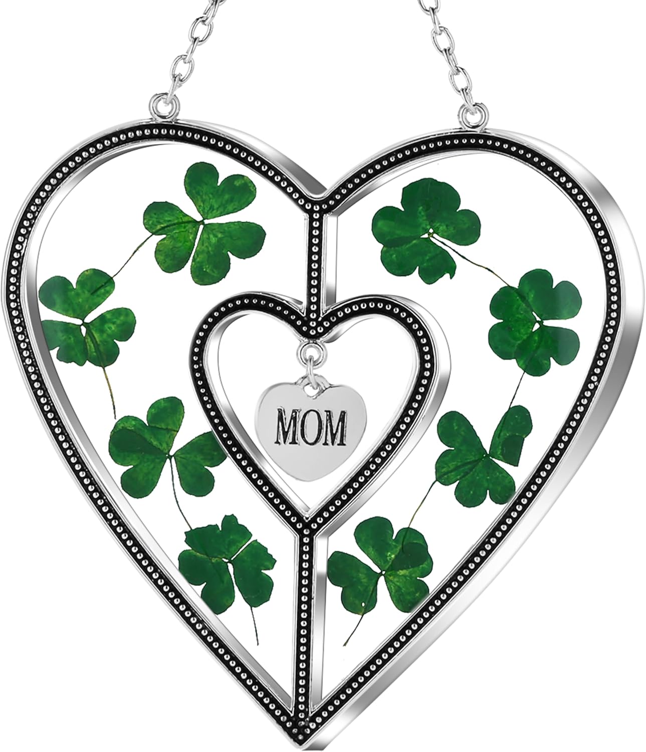 KY&Bosam Irish Shamrock Heart Suncatcher Mom Gifts Glass Suncatchers for Windows hangings Wind Chime Ornament with Pressed Flower Heart Gift for Women St Patrick's Day Decoration Irish