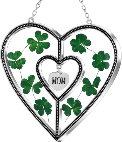 KY&Bosam Irish Shamrock Heart Suncatcher Mom Gifts Glass Suncatchers for Windows hangings Wind Chime Ornament with Pressed Flower Heart Gift for Women St Patrick's Day Decoration Irish