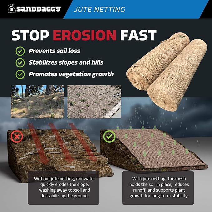 Sandbaggy Jute Netting Roll, 4 ft x 30ft - Biodegradable Erosion Control Blanket for Slopes, Hills & Drainage, Eco-Friendly, Durable Soil Stabilizer, Contractor-Approved for Landscaping (1 Roll)