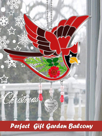 KY&BOSAM Cardinal Suncatcher Had-Painted Staine Glass for Windows Hangings Wind Chimes Pressed Real Flower Wings Glass with Metal Heart Charm Birthday Gifts for Women Mother's Day(A Special Aunt)