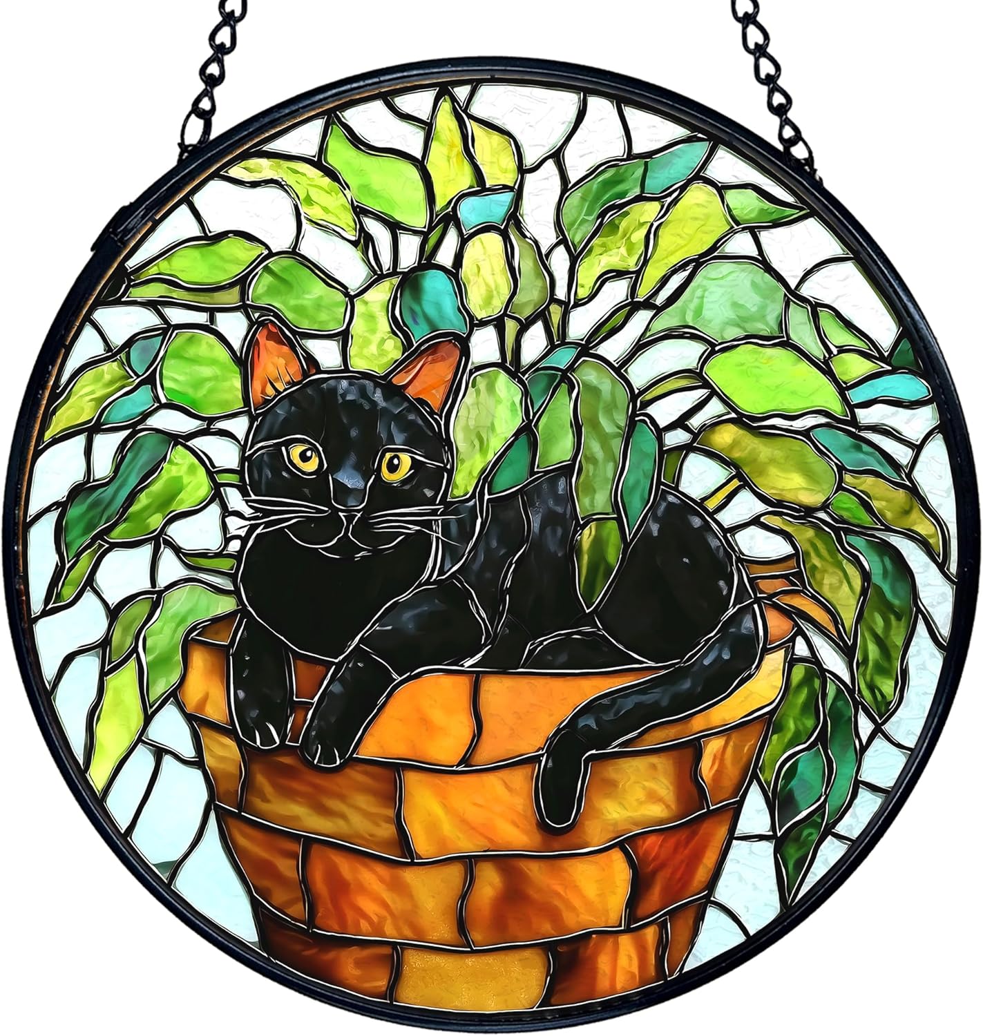 TNUW Black Cat Plant Stained Glass Window Hanging, Black Cat Botanical Sun Catchers Indoor Window Glass Round Wall Art Decor, Wall Hanging Decorations, 7.9＂x7.9＂