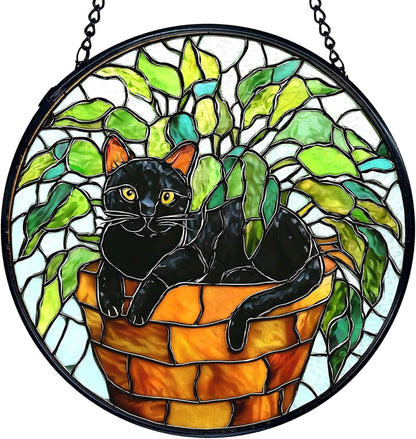TNUW Black Cat Plant Stained Glass Window Hanging, Black Cat Botanical Sun Catchers Indoor Window Glass Round Wall Art Decor, Wall Hanging Decorations, 7.9＂x7.9＂