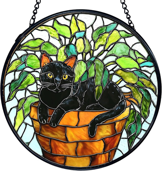 TNUW Black Cat Plant Stained Glass Window Hanging, Black Cat Botanical Sun Catchers Indoor Window