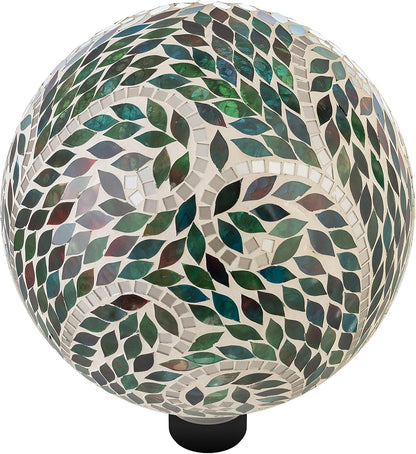 Alpine Corporation 10" Diameter Indoor/Outdoor Glass Mosaic Gazing Globe Yard Decoration, Scroll Leaf Pattern Design