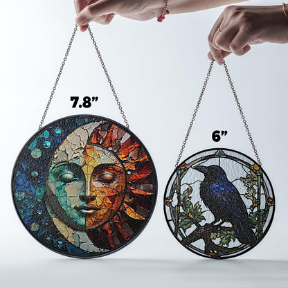 6" Sun and Moon Stained Suncatchers Art Glass Celestial for Sun Catcher Indoor Window Gifts for Pet Animal Nature Galaxy Lovers Women Grandma Mom Friend Painted Glass Panel Décor ART-04E-SG6