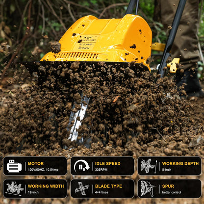 Garden Rototiller 12-Inch 10.5-Amp Corded Electric Tiller/Cultivator, Adjustable Wheels, 8-Inch Tilling Depth, Powerful and Lightweight Tiller