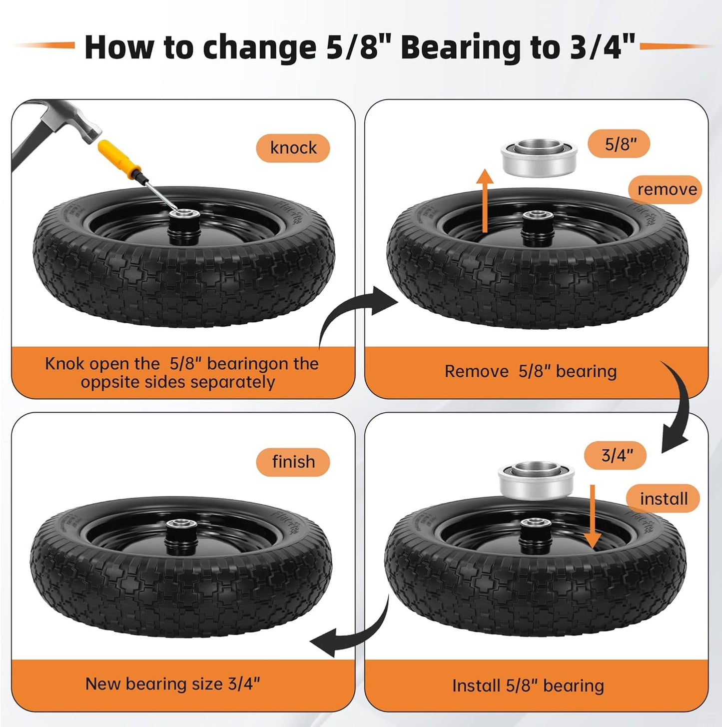 2PC 14.5" Wheelbarrow Tires, 4.80/4.00-8" Flat-Free Tire and Wheel, 5/8" Bearings, Extra 3/4" Bearing, Adjustable Center Hub for 3 to 7", Fits 4.80-8, 4.00-6, 3.50/2.50-8 Wheels, Maximum Load 300 lbs.