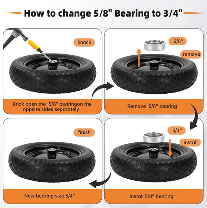2PC 14.5" Wheelbarrow Tires, 4.80/4.00-8" Flat-Free Tire and Wheel, 5/8" Bearings, Extra 3/4" Bearing, Adjustable Center Hub for 3 to 7", Fits 4.80-8, 4.00-6, 3.50/2.50-8 Wheels, Maximum Load 300 lbs.