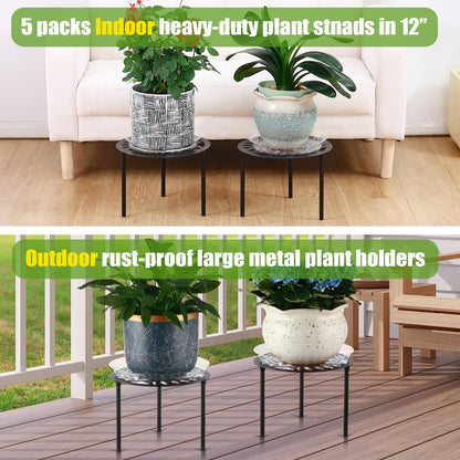 5-Pack 12” Heavy-duty Metal Plant Stands Large Flower Pot Holder for Indoor Outdoor Rust-proof Iron Potted Planter Stand Modern Round Corner Stand Shelf for Living Room Patio Garden Yard Black