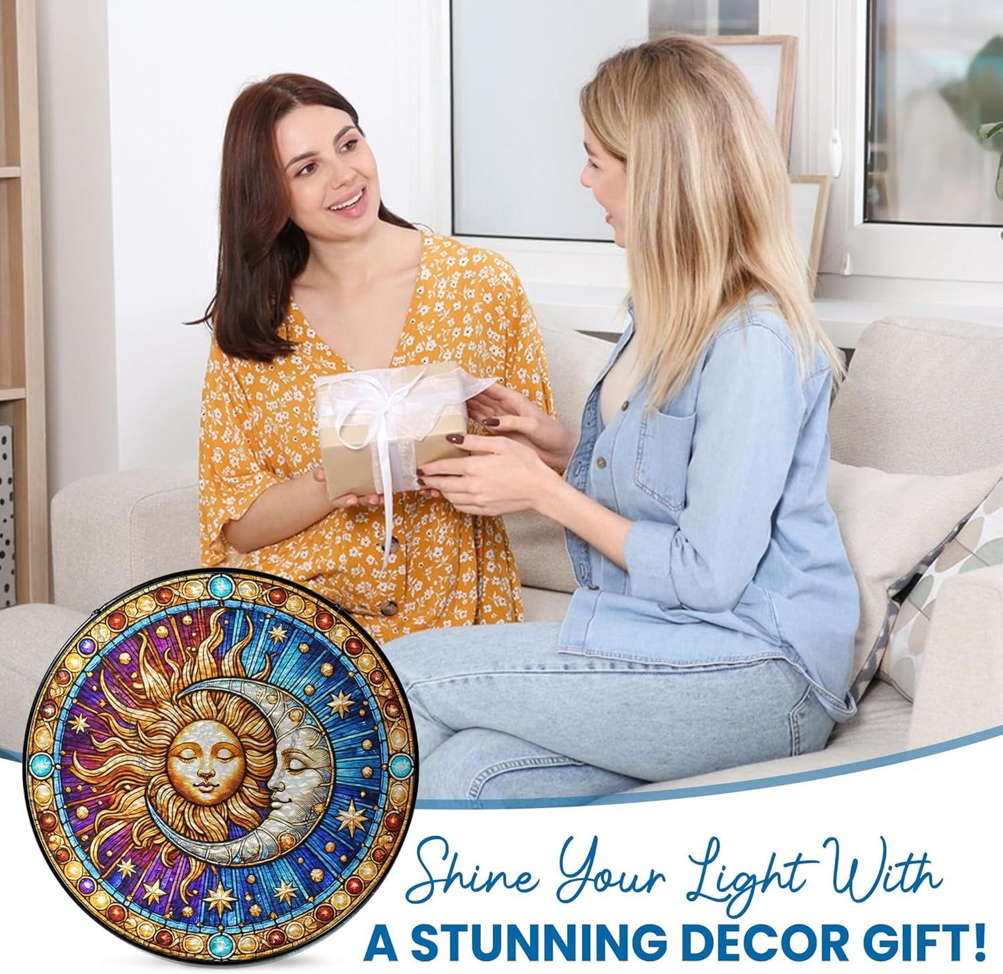 FLAGWIX Christmas Spiritual Gifts for Women Men - Stained Glass Window Hanging 8 in for Sun and Moon Decor - Sun Catchers Indoor Window, Boho Suncatchers for Celestial Decor, Christmas Decorations