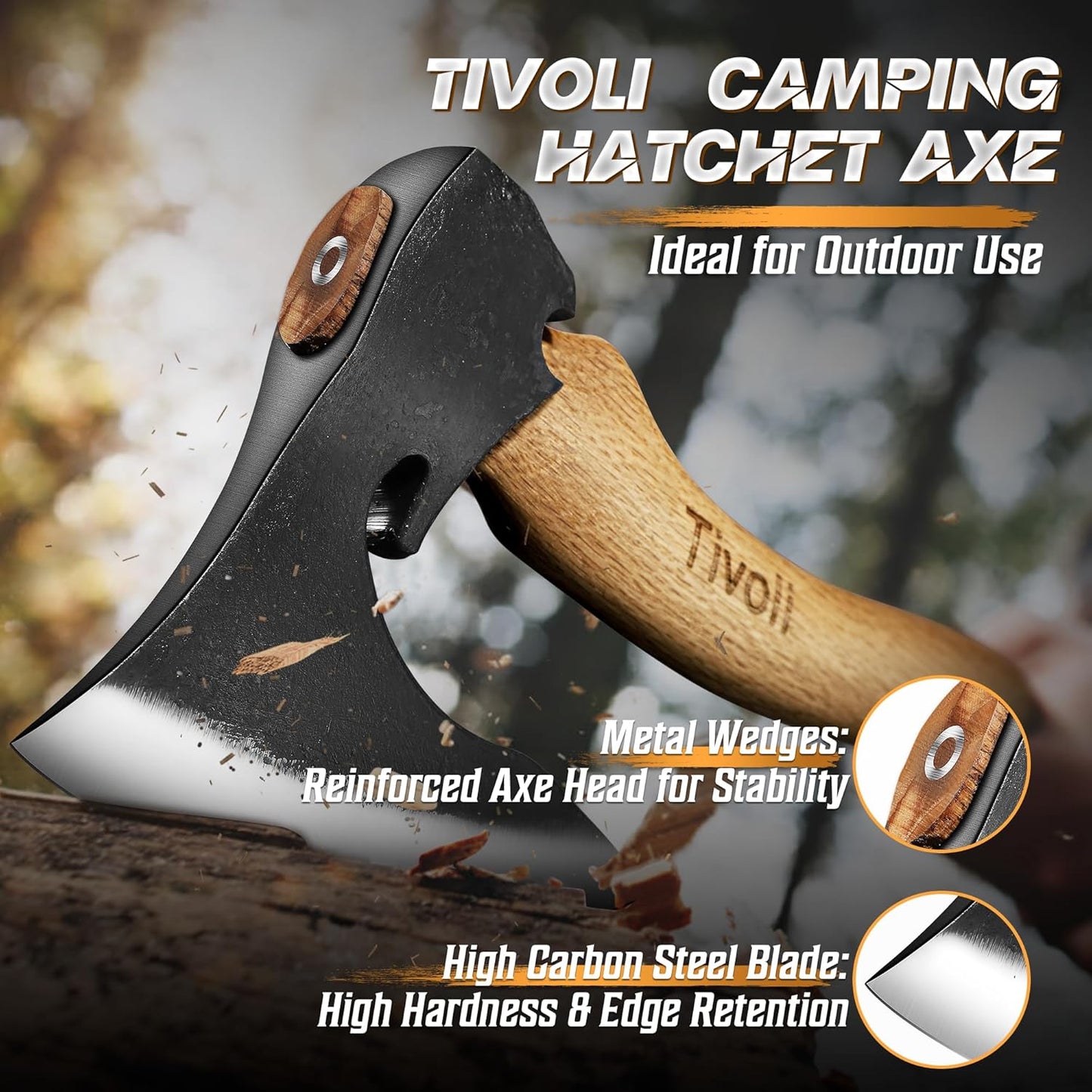 Tivoli Camping Hatchet Axe with Sheath – 16.5" High Carbon Steel Axe with Beech Wood Handle – Bushcraft Hatchet & Wood Splitting Axes for Gardening, Carving, Outdoor Adventures – Gift for Men