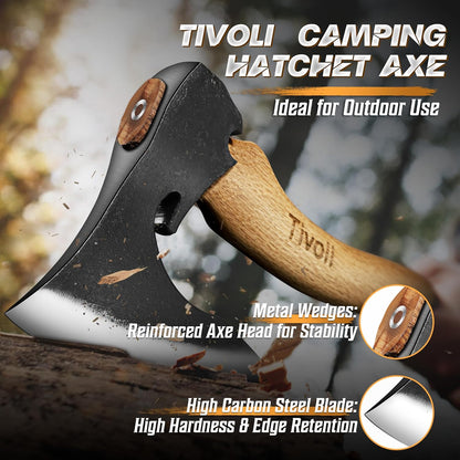 Tivoli Camping Hatchet Axe with Sheath – 16.5" High Carbon Steel Axe with Beech Wood Handle – Bushcraft Hatchet & Wood Splitting Axes for Gardening, Carving, Outdoor Adventures – Gift for Men