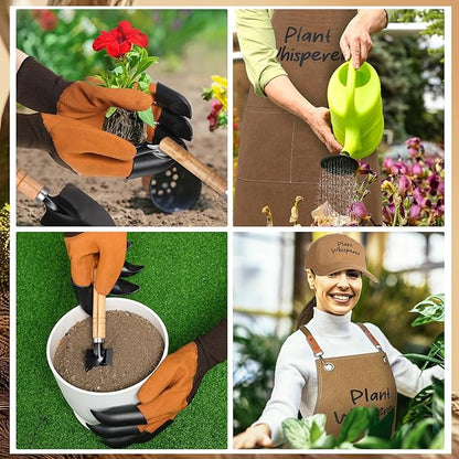 Tarpop Garden Tool Set Plant Whisperer Gardening Gifts for Women, 7 Piece Vegetable Planting Tool Kit with Cap Canvas Apron Gloves Soil Scoop Transplant Trowel Cultivator Flower Tub (Brown)