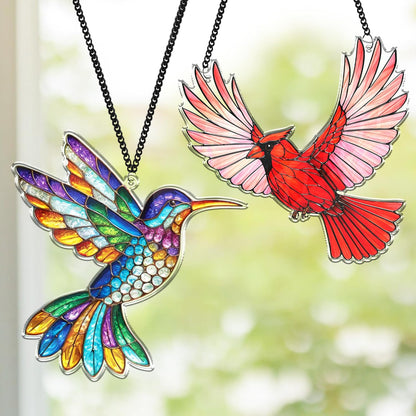 2 Cardinal Hummingbird Acrylic Suncatchers, Bird Window Hanging Ornaments, Fall Decorations for Home, Gifts for Bird Lovers, Women, Friends, Memorial Keepsake SS351