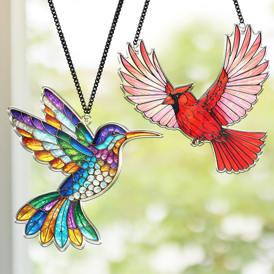2 Cardinal Hummingbird Acrylic Suncatchers, Bird Window Hanging Ornaments, Fall Decorations for