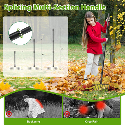 Rake, Heavy Duty Garden Rake with 11 Tines, 51 Inch Handle, 16 Inch Wide, Metal Garden Thatch Leaf Rakes for Raking Gathering Mulch,Metal Bow Rakes for Lawn Yard Bushes Pine Needles Leaves Grass