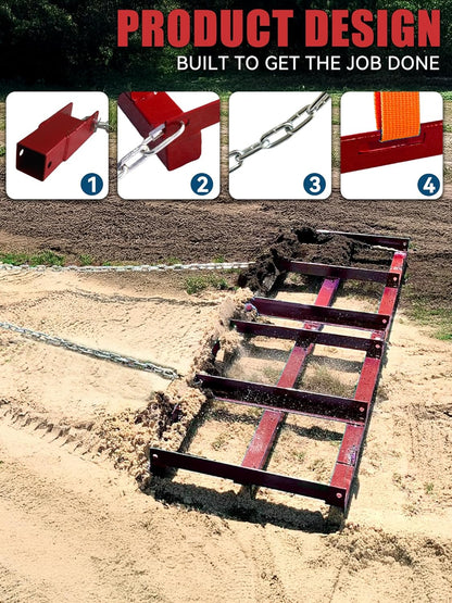 4ft Heavy Duty Drag Harrow for ATV, UTV, Tractor - Adjustable Tow Behind Leveling Rake with Weight Tray for Driveway Grader, Lawn, Field, Pasture, Food Plot Maintenance, Red(48 inch)
