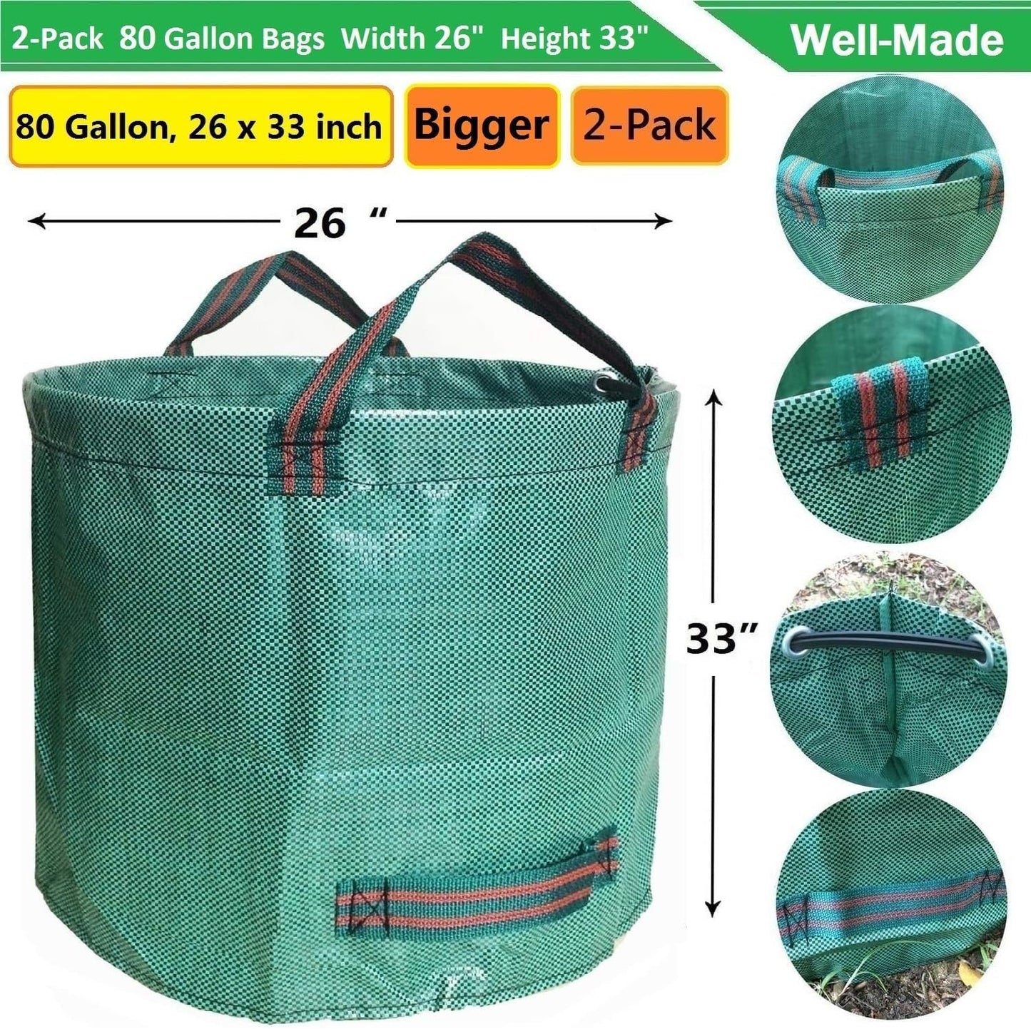 Professional 2-Pack 80 Gallon Large Yard Garden Bags (D26, H33 in) with Gardening Gloves for Yard Waste,Leaf Bags,Debris Bag,Garden Trash Container,Recycle Bin,Lawn Grass Clippings,Weeds Bag 4 Handles