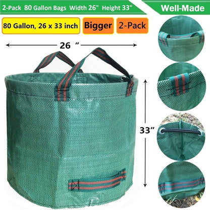 Professional 2-Pack 80 Gallon Large Yard Garden Bags (D26, H33 in) with Gardening Gloves for Yard Waste,Leaf Bags,Debris Bag,Garden Trash Container,Recycle Bin,Lawn Grass Clippings,Weeds Bag 4 Handles