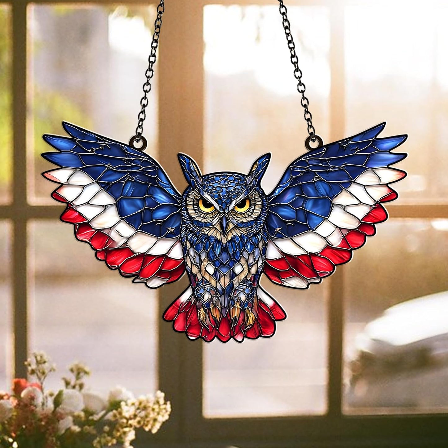 American Flag Owl Suncatcher – Acrylic Suncatcher Window Hanging – Patriotic Owl Decor for Home, Garden, Office – 4th of July Gifts – Bird Ornament for USA Lovers, Veterans, Nature Fans (Sun-47)