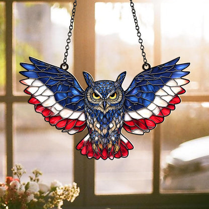 American Flag Owl Suncatcher – Acrylic Suncatcher Window Hanging – Patriotic Owl Decor for Home, Garden, Office – 4th of July Gifts – Bird Ornament for USA Lovers, Veterans, Nature Fans (Sun-47)