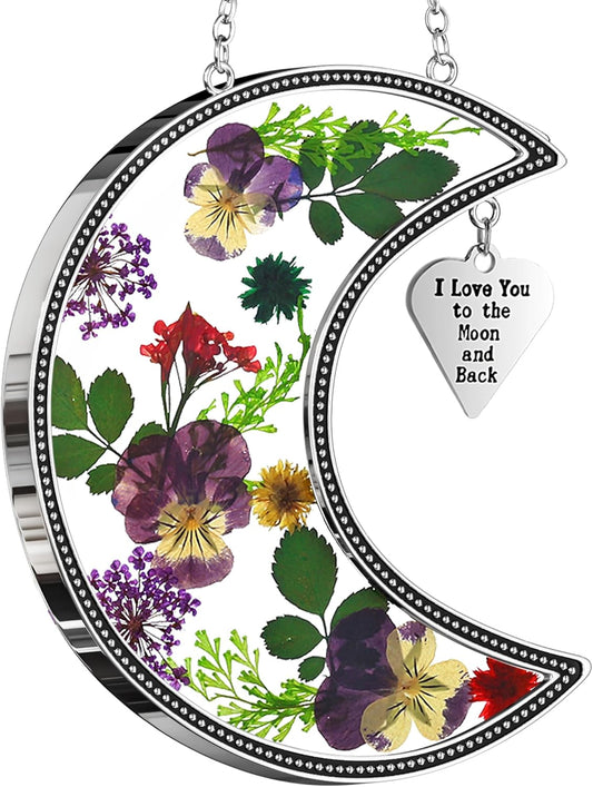 KY&BOSAM Moon Suncatcher Stained Glass for Window Hangings Wind Chime Decor with Pressed Real