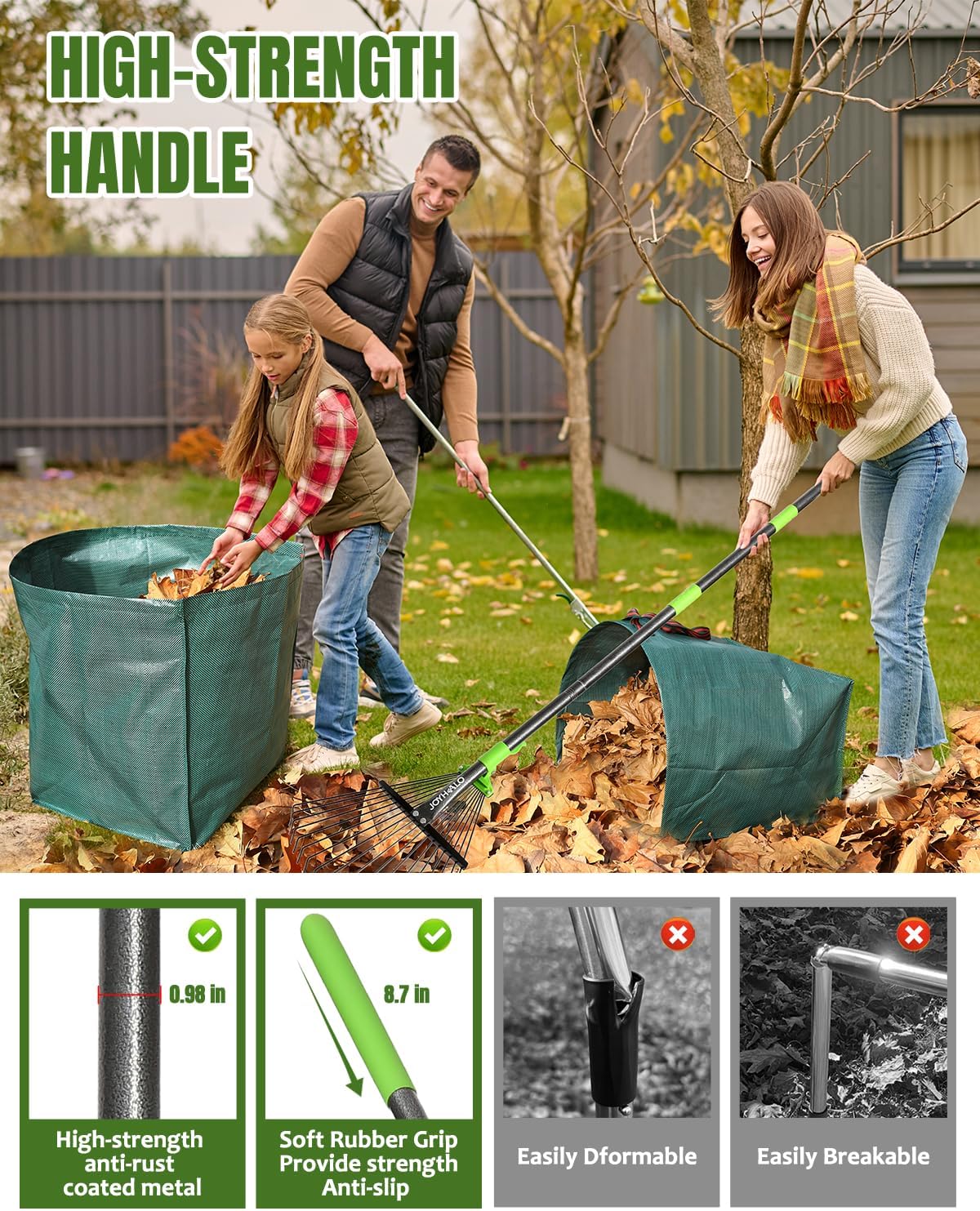 Joyhalo 63.4 Inch Rake for Leaves with 40 Gallon Dustpan-Typ Leaf Bags, Adjustable 18 Tines Metal Leaf Rake Set for Gardening Lawns Yard Outdoor Camping Shrub Grass Bush Grass Clippings