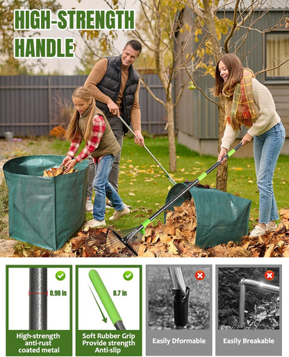 Joyhalo 63.4 Inch Rake for Leaves with 40 Gallon Dustpan-Typ Leaf Bags, Adjustable 18 Tines Metal Leaf Rake Set for Gardening Lawns Yard Outdoor Camping Shrub Grass Bush Grass Clippings